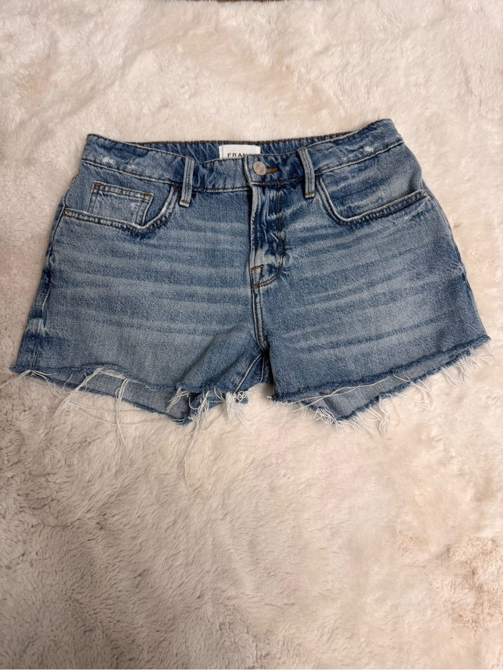 Frame Denim Light Blue Frayed Hem Jean Shorts